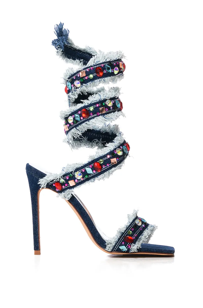 AZALEA WANG CAMELLIA EMBELLISHED SANDAL IN DENIM