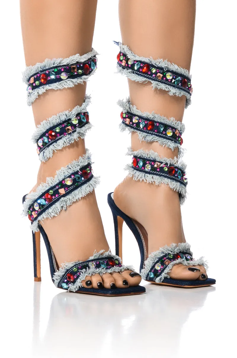 AZALEA WANG CAMELLIA EMBELLISHED SANDAL IN DENIM