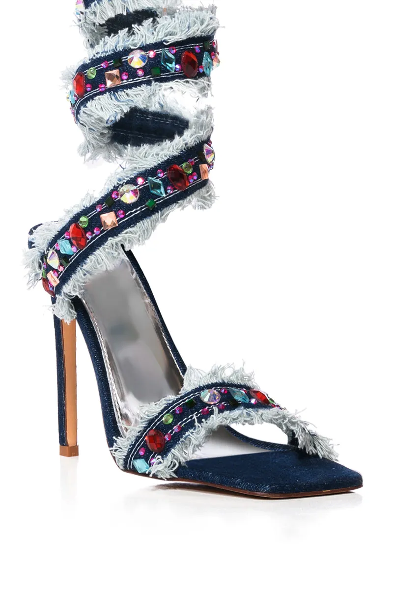 AZALEA WANG CAMELLIA EMBELLISHED SANDAL IN DENIM