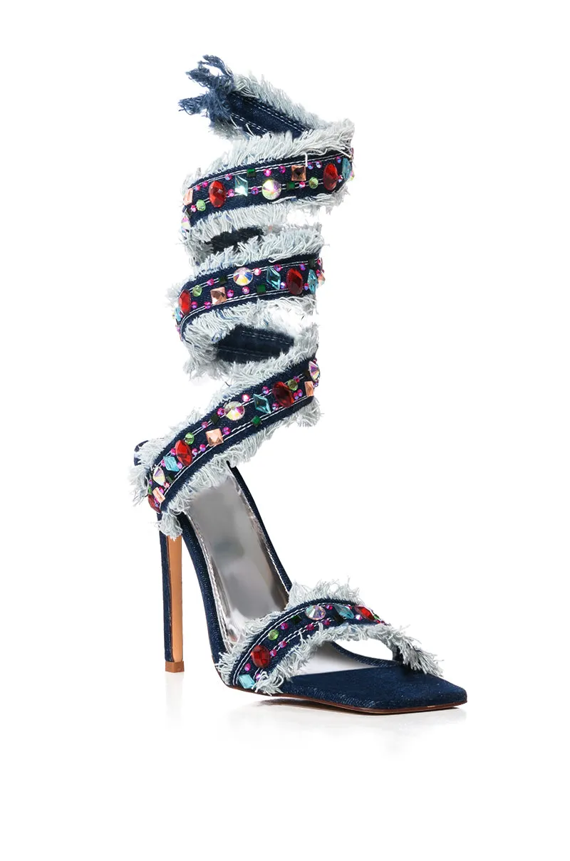 AZALEA WANG CAMELLIA EMBELLISHED SANDAL IN DENIM