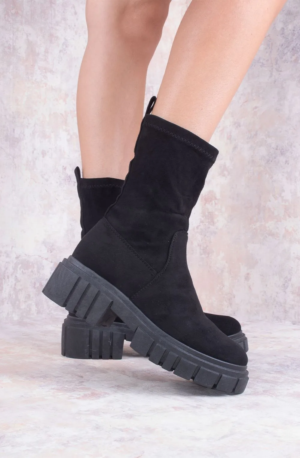 Black Faux Suede Ankle Sock Boot