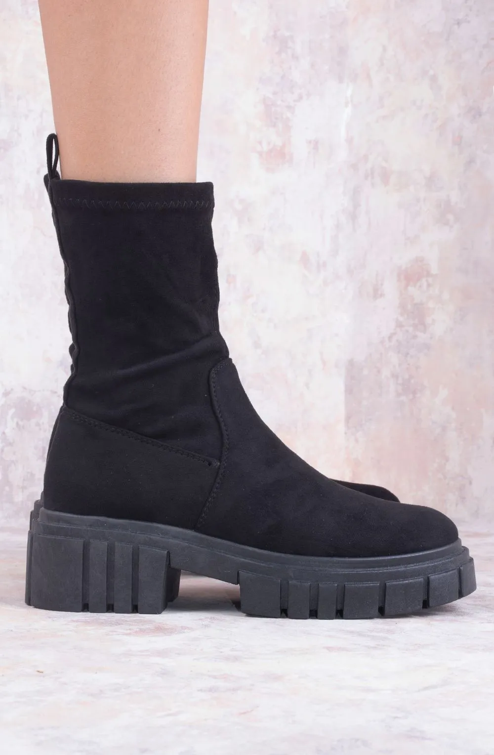 Black Faux Suede Ankle Sock Boot