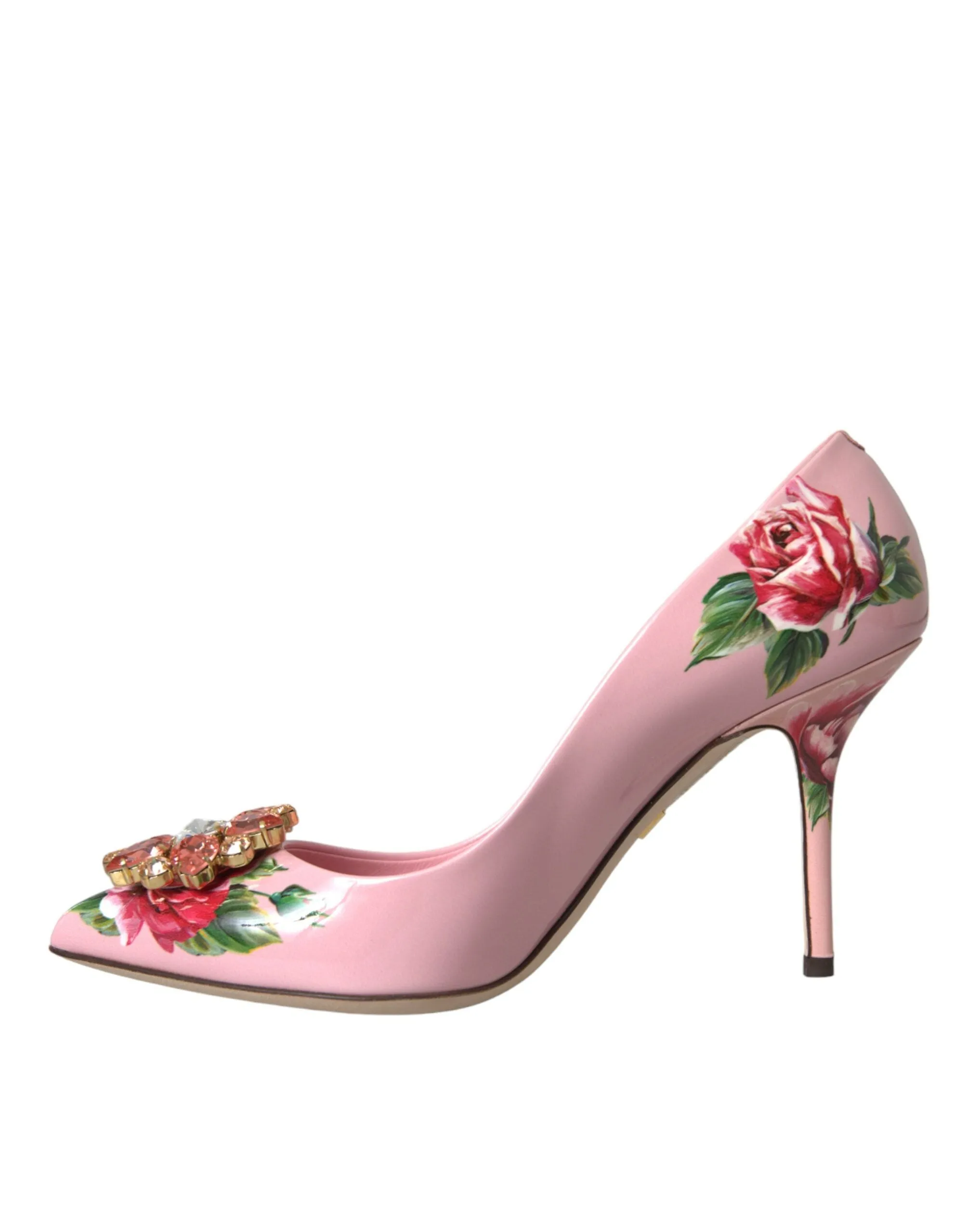 Dolce & Gabbana Pink Floral Leather Crystal Heels Pumps Shoes