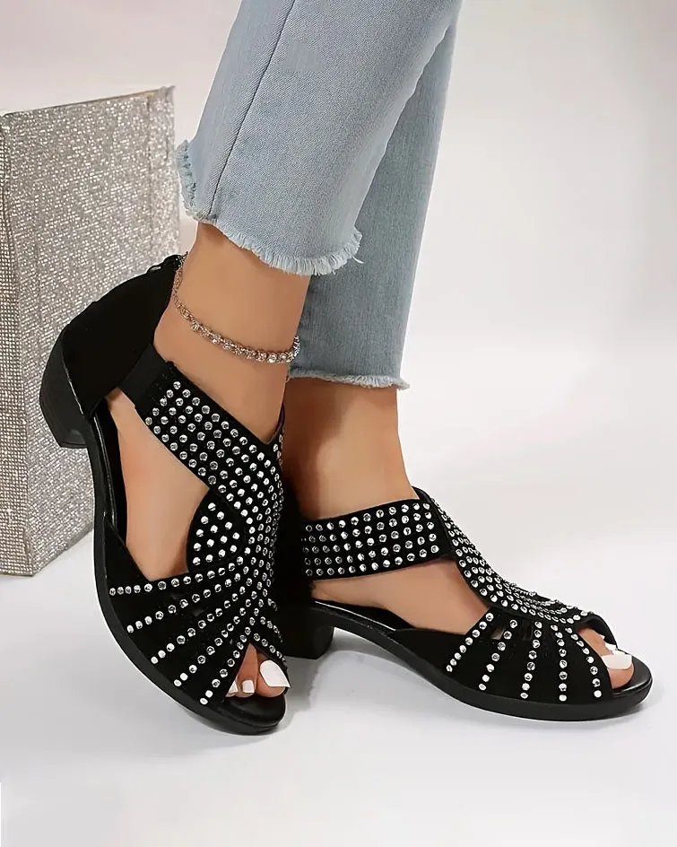 elveswallet Peep Toe Back Zipper Chunky Heel Rhinestone Sandals