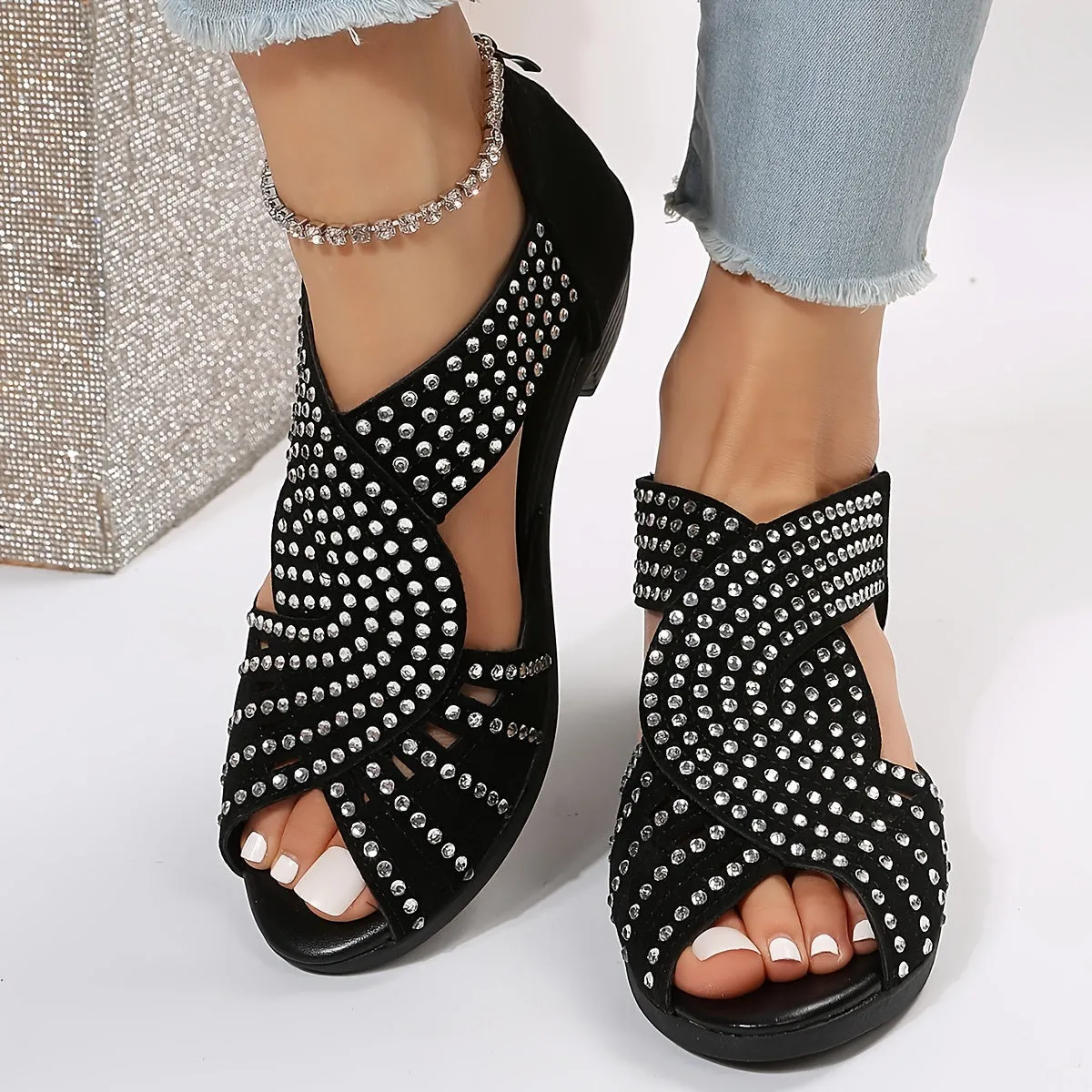 elveswallet Peep Toe Back Zipper Chunky Heel Rhinestone Sandals