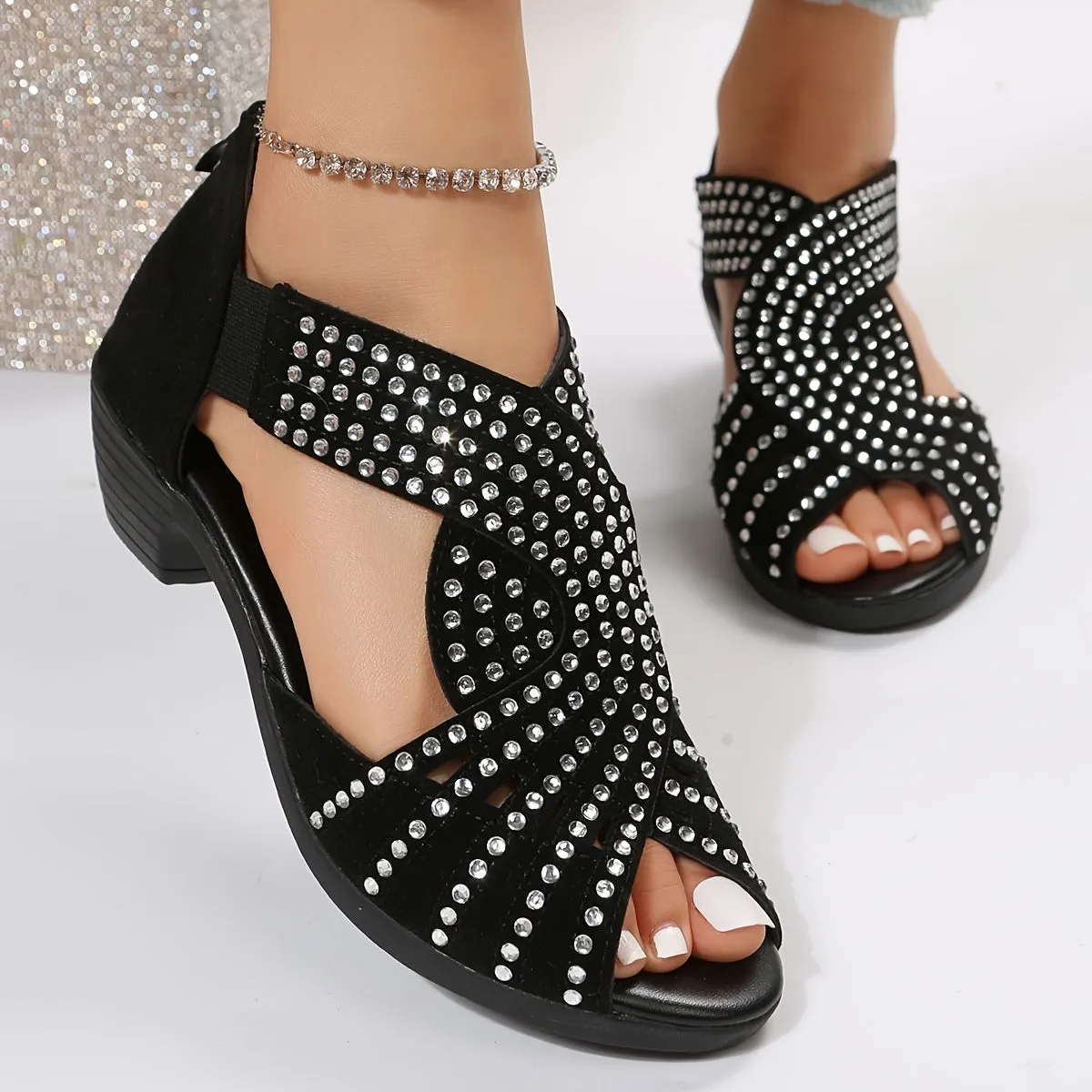 elveswallet Peep Toe Back Zipper Chunky Heel Rhinestone Sandals