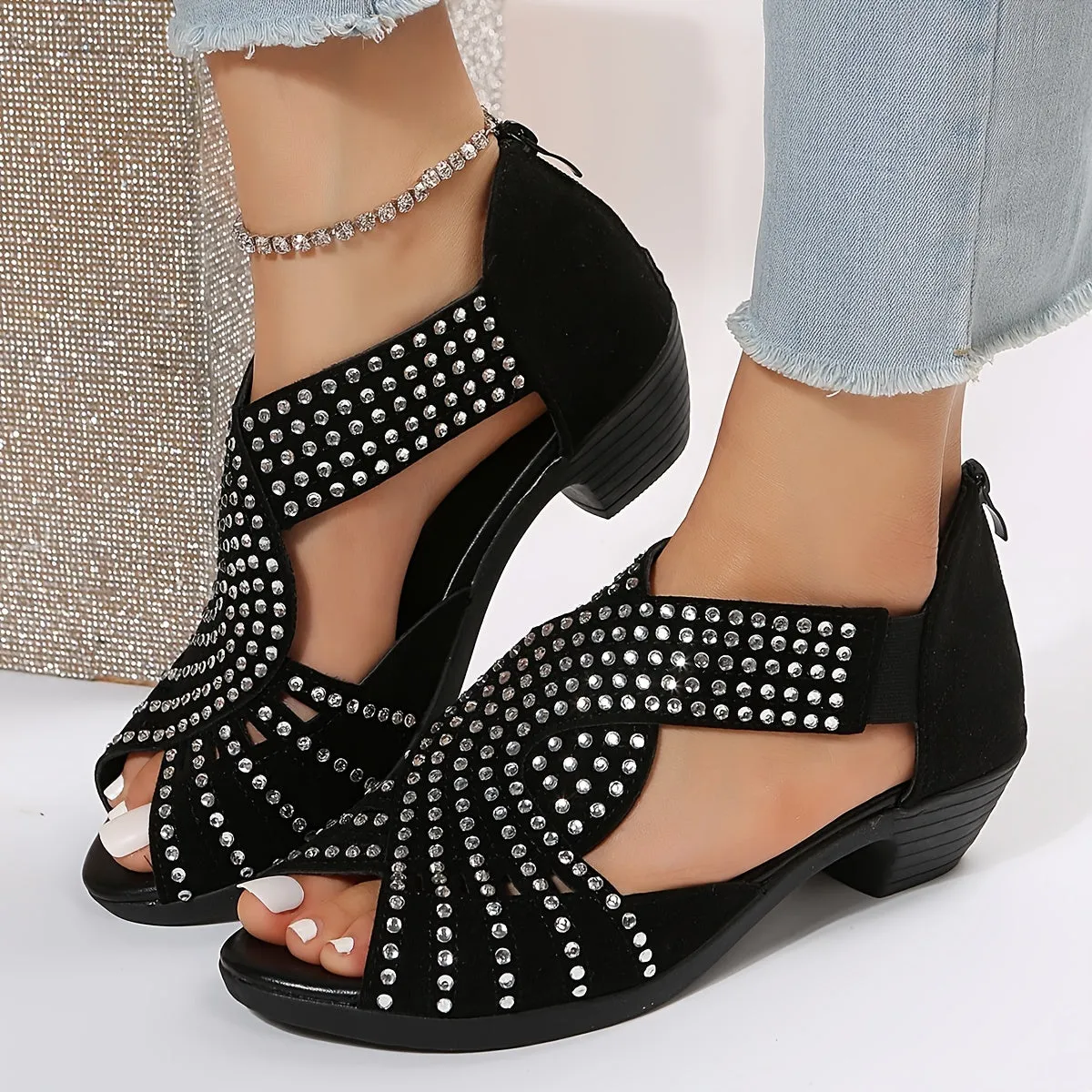 elveswallet Peep Toe Back Zipper Chunky Heel Rhinestone Sandals