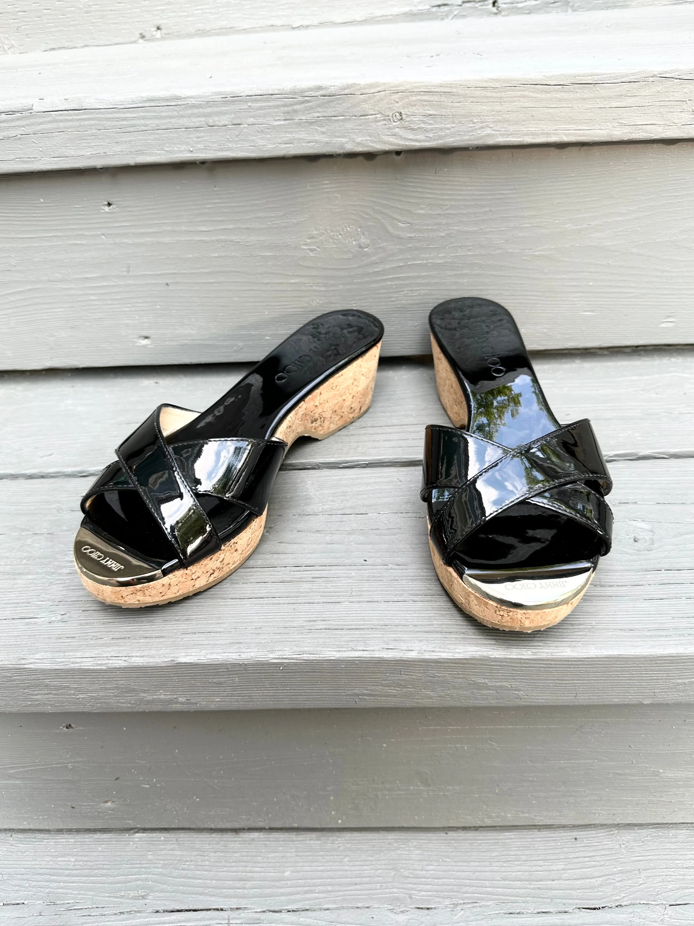 JIMMY CHOO Panna Black Patent Leather Cork Wedge Slide Sandals