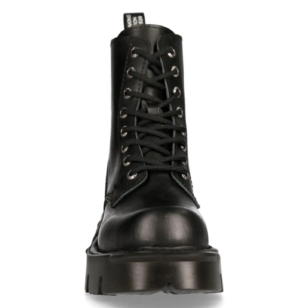 New Rock M-MILI084N-S Unisex Metallic Black 100% Leather Platform Military Boots