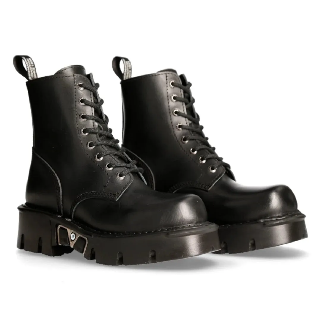 New Rock M-MILI084N-S Unisex Metallic Black 100% Leather Platform Military Boots