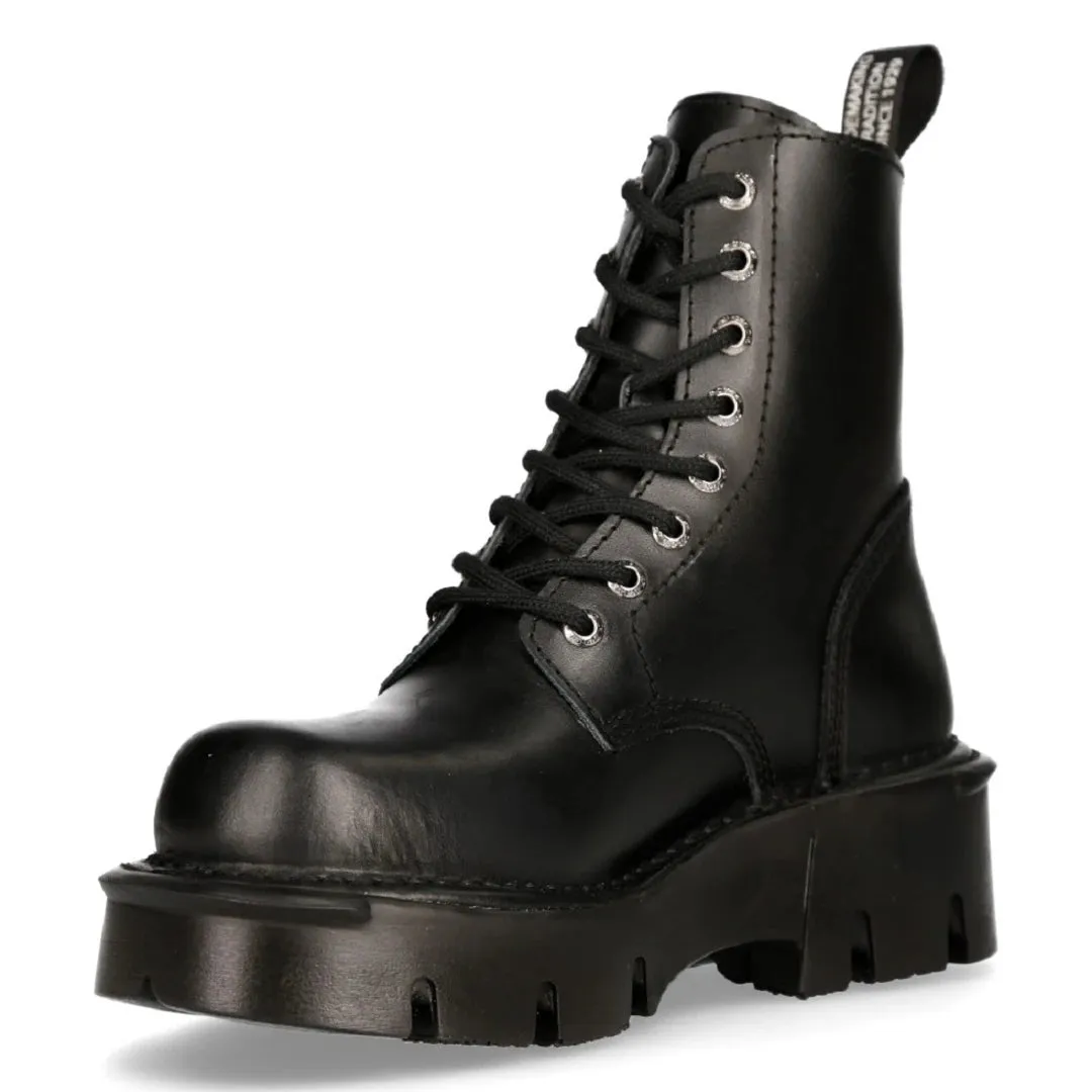 New Rock M-MILI084N-S Unisex Metallic Black 100% Leather Platform Military Boots