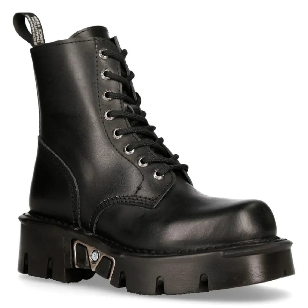 New Rock M-MILI084N-S Unisex Metallic Black 100% Leather Platform Military Boots