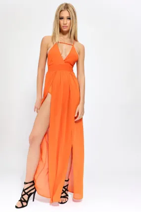 Orange Plunge Neck Strappy Maxi Dress