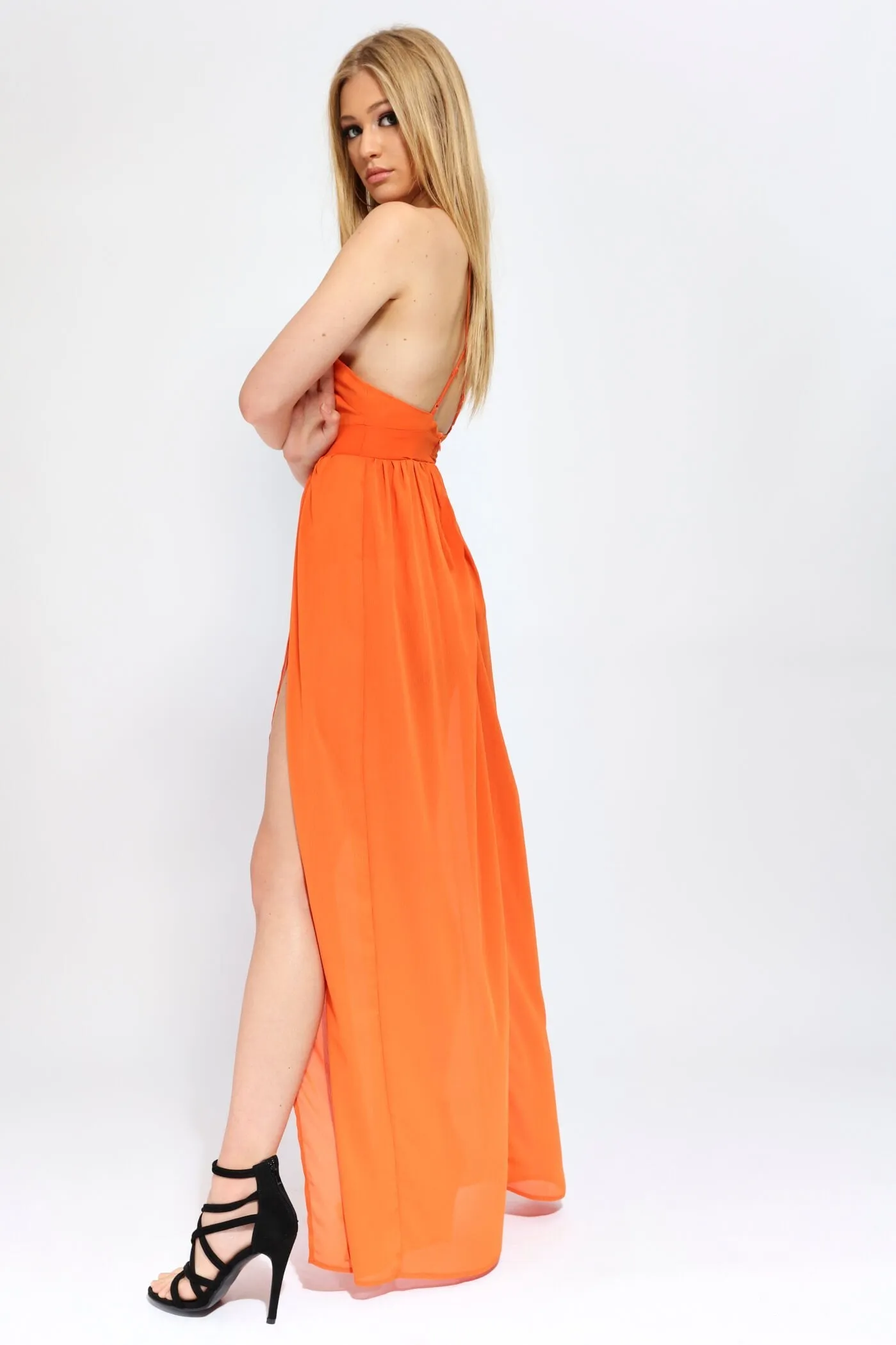 Orange Plunge Neck Strappy Maxi Dress