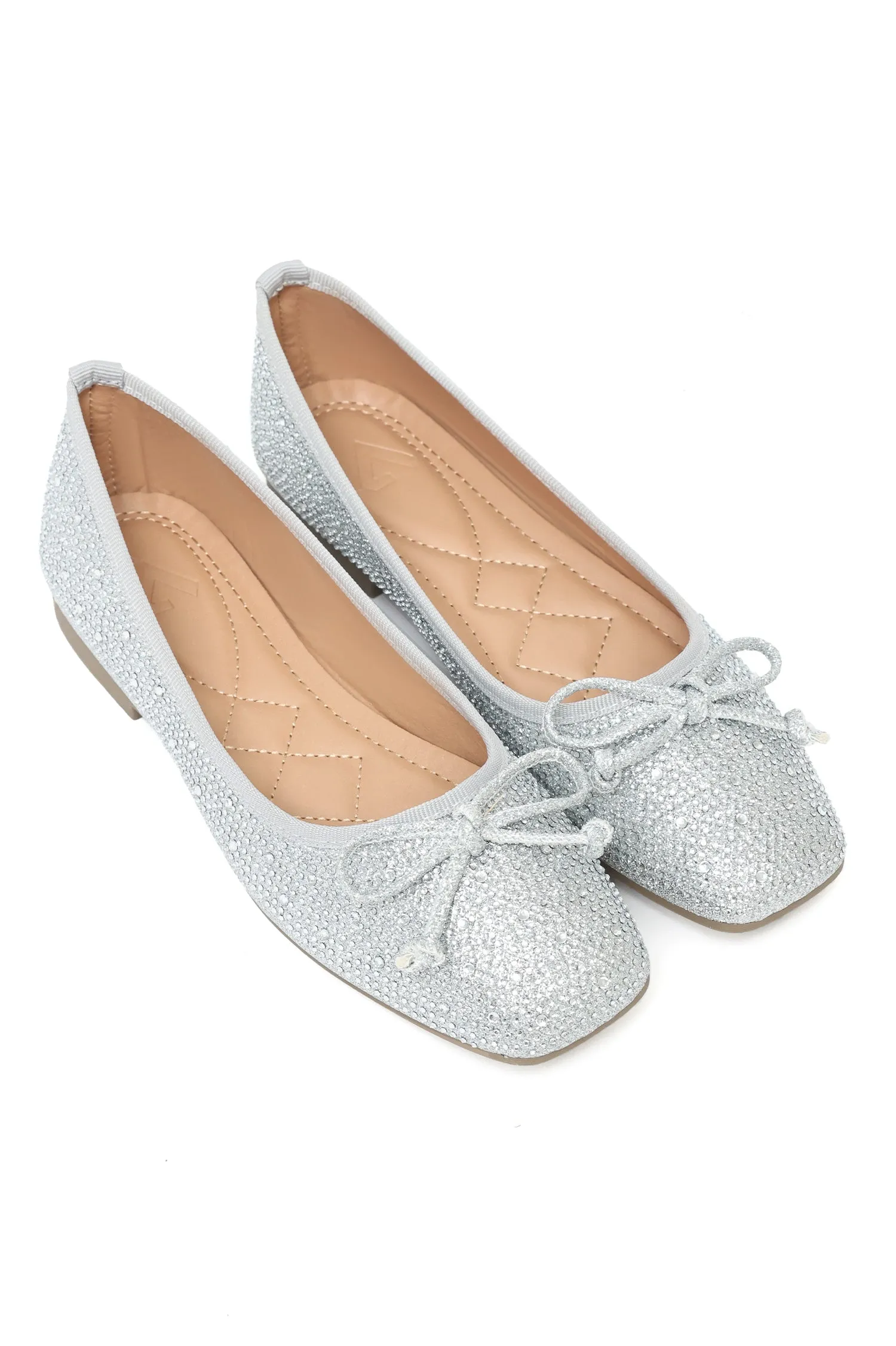 RHINESTONE BOW BALLET FLATS-SILVER