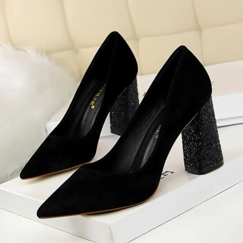 Sequined Square Heels Solid Flock Shallow Pumps