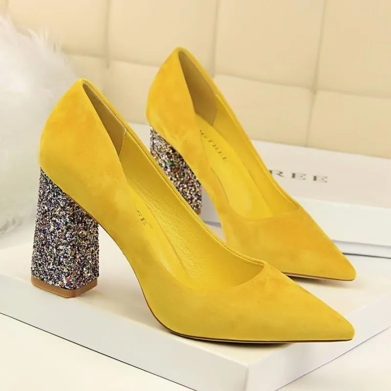 Sequined Square Heels Solid Flock Shallow Pumps