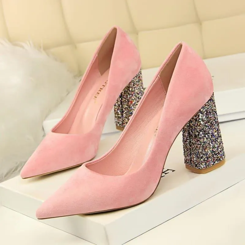 Sequined Square Heels Solid Flock Shallow Pumps