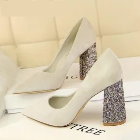 Sequined Square Heels Solid Flock Shallow Pumps