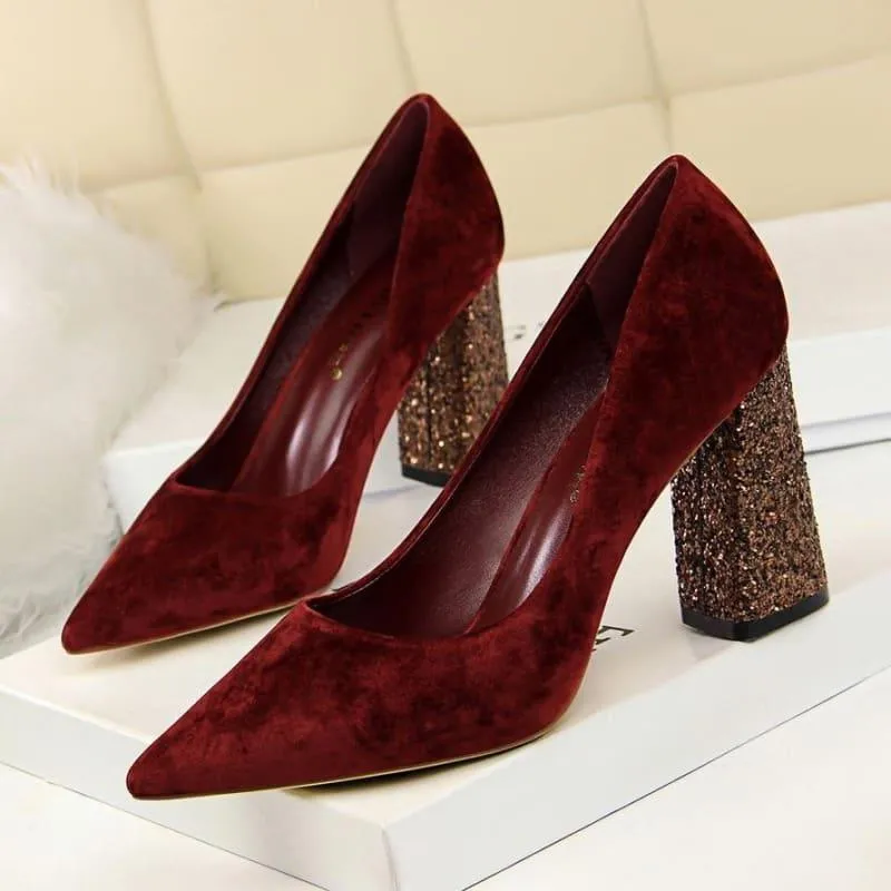 Sequined Square Heels Solid Flock Shallow Pumps