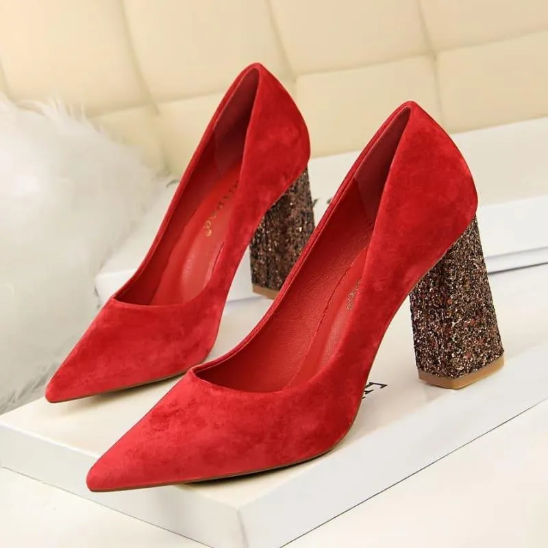 Sequined Square Heels Solid Flock Shallow Pumps