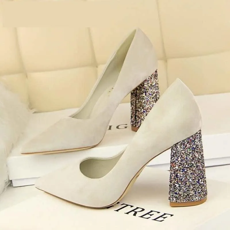 Sequined Square Heels Solid Flock Shallow Pumps