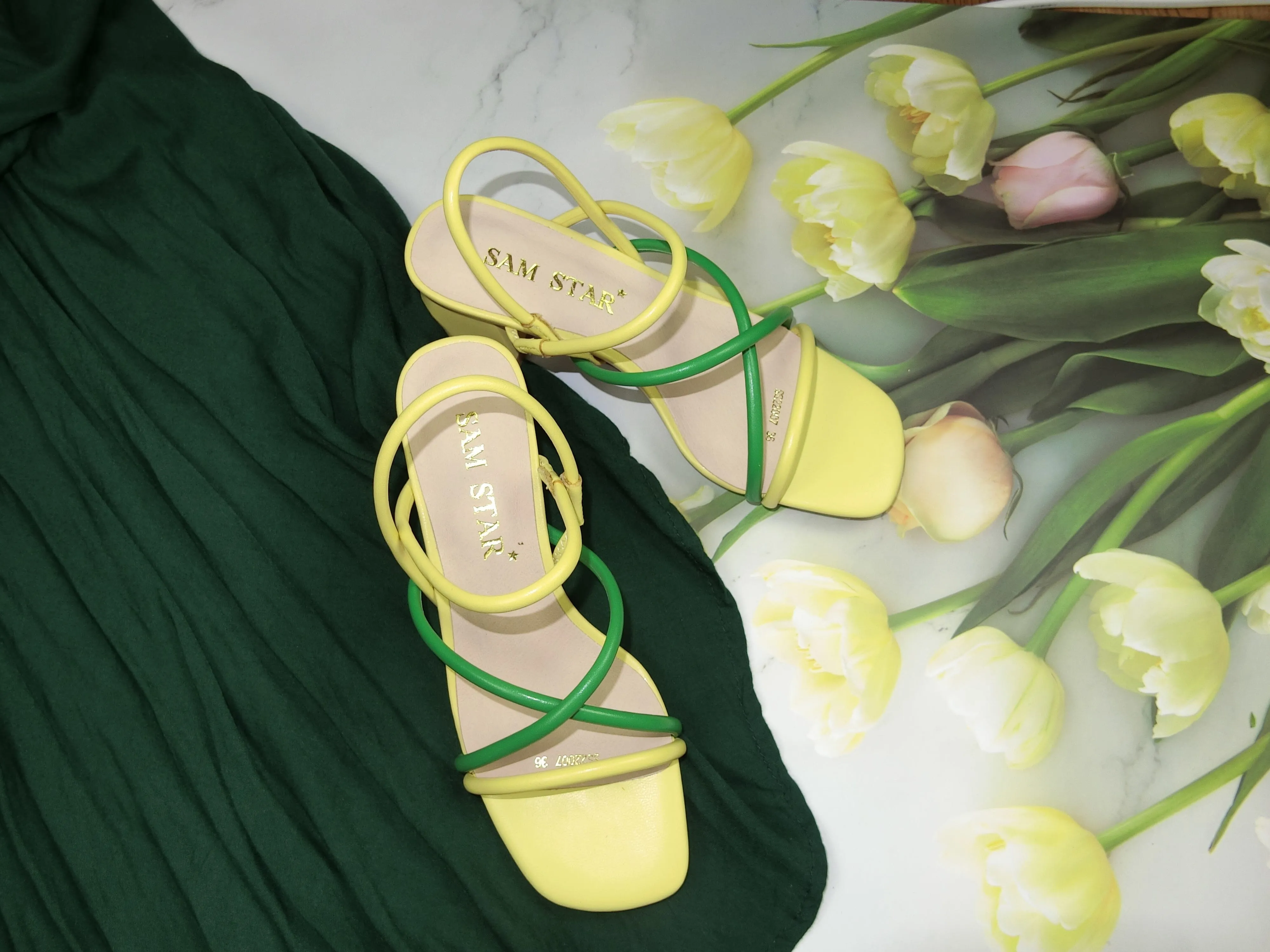 SS22008  Genuine leather strappy block heel sandals in Green and Yellow