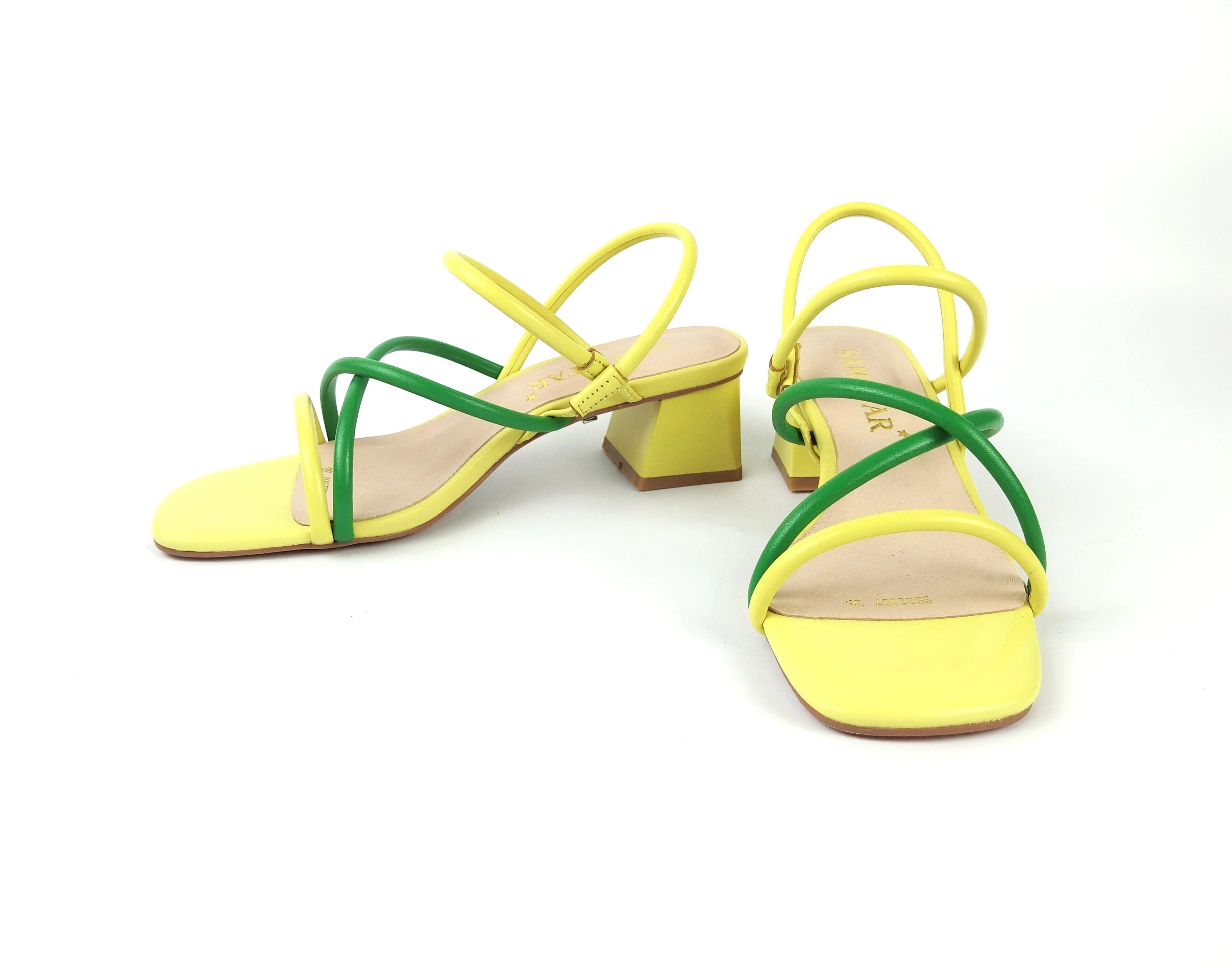 SS22008  Genuine leather strappy block heel sandals in Green and Yellow