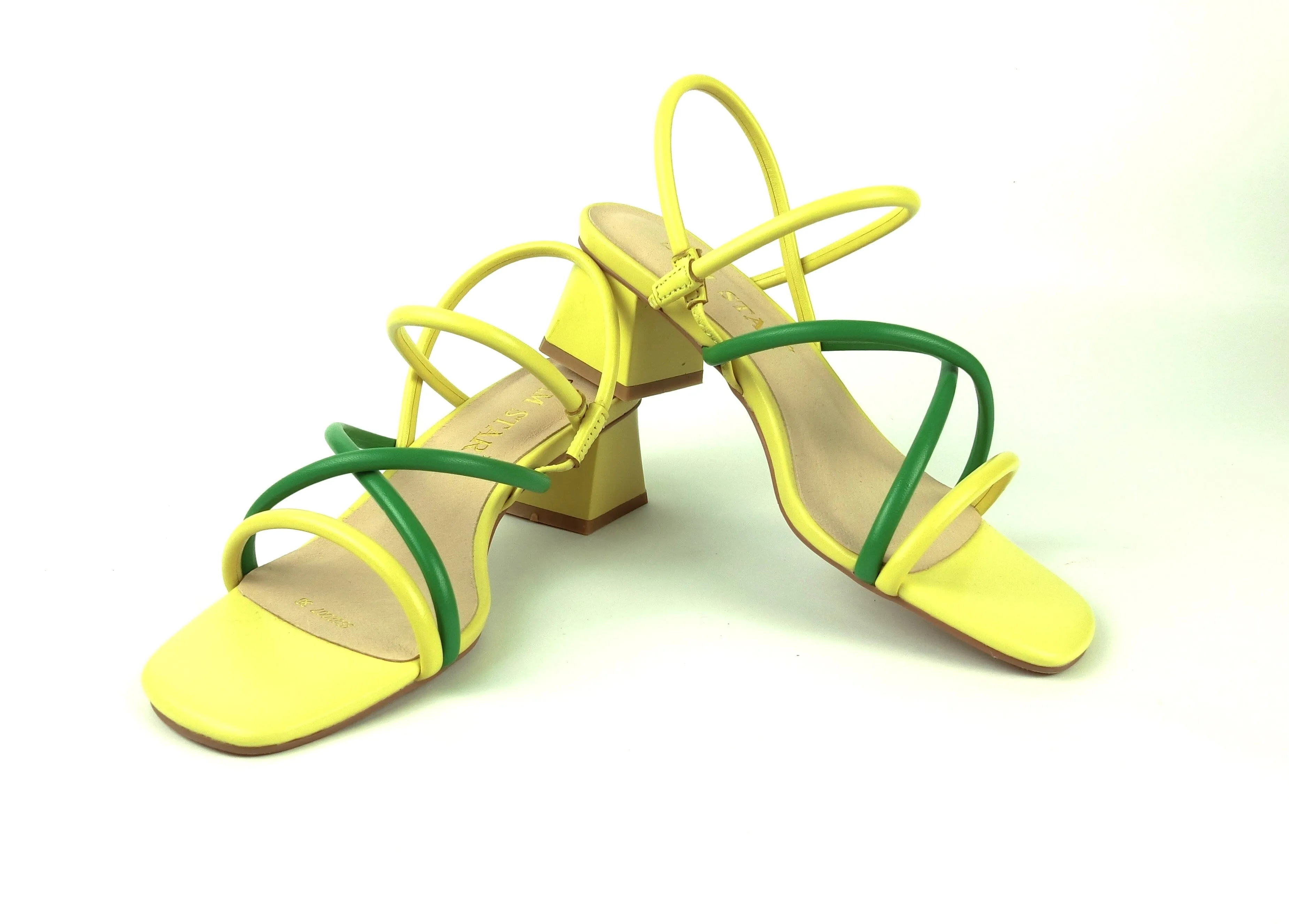 SS22008  Genuine leather strappy block heel sandals in Green and Yellow