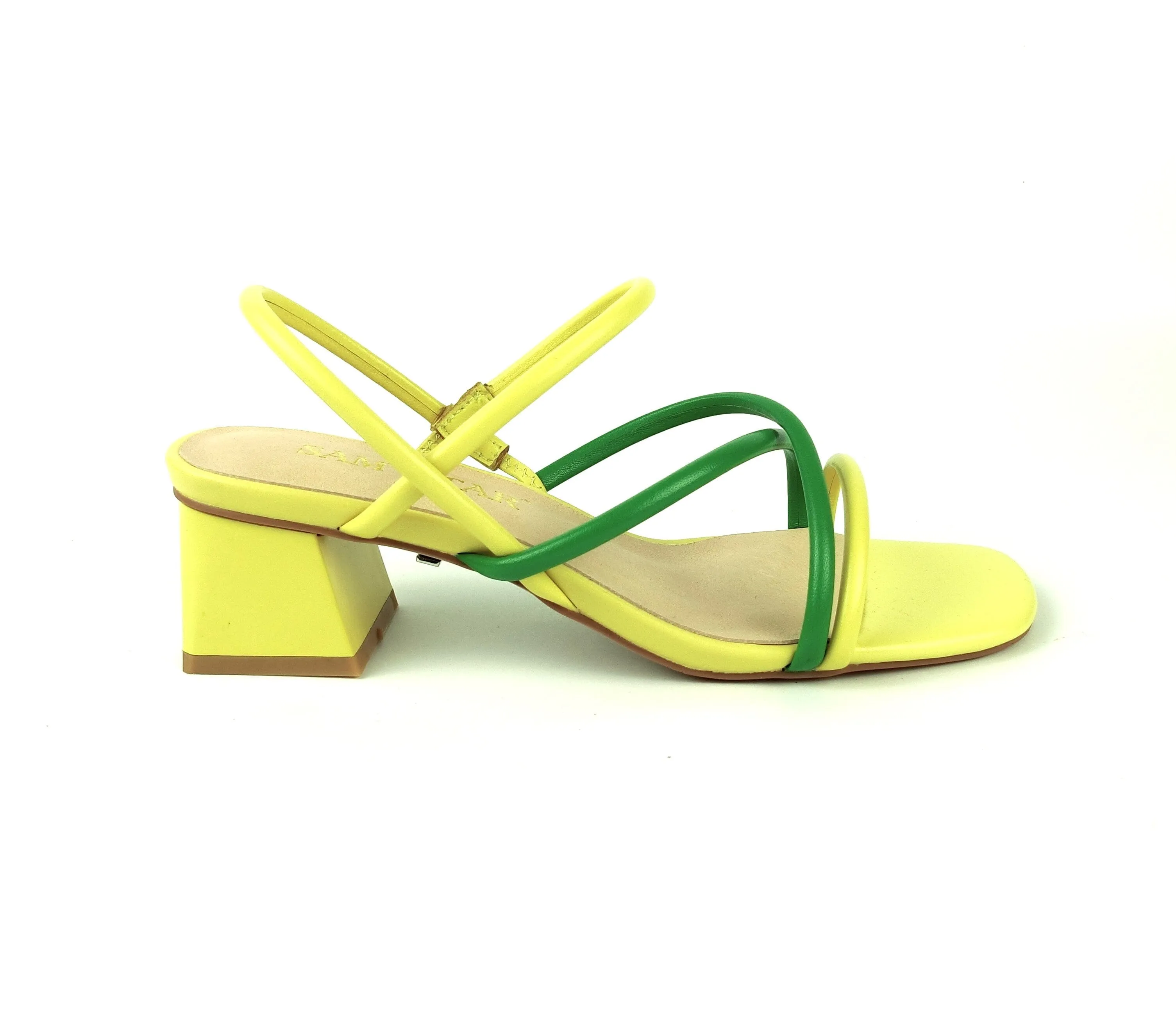 SS22008  Genuine leather strappy block heel sandals in Green and Yellow