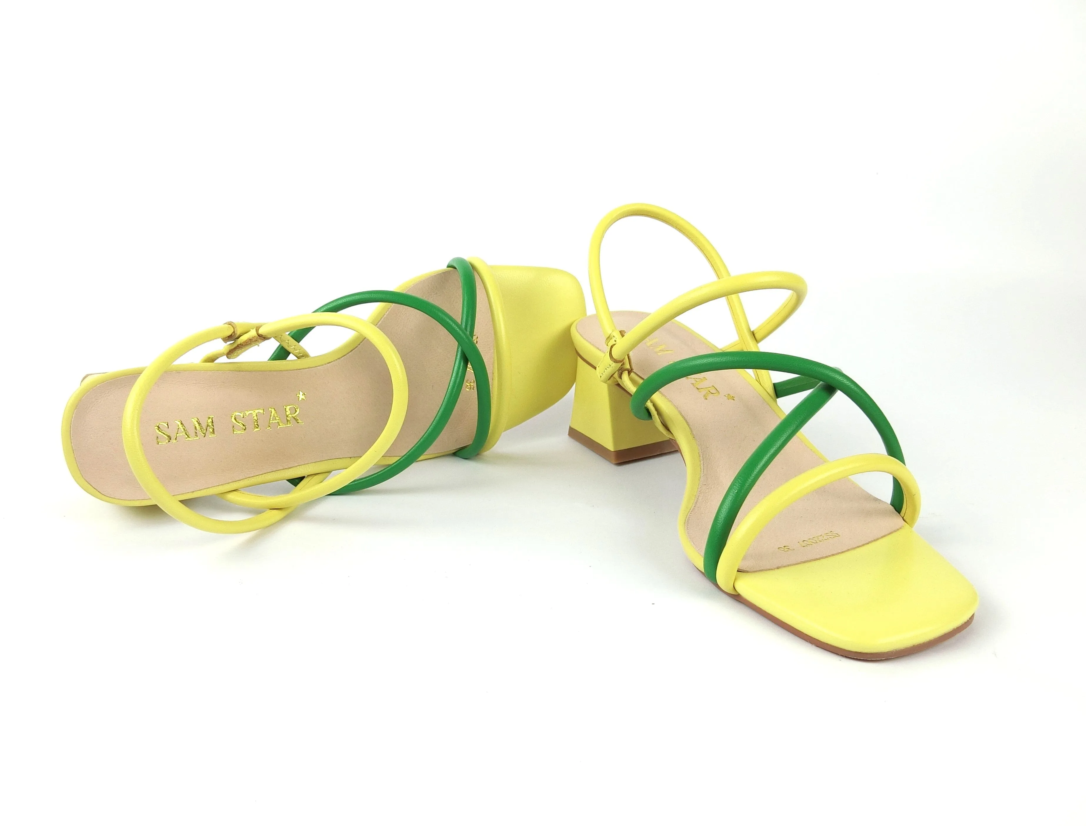 SS22008  Genuine leather strappy block heel sandals in Green and Yellow