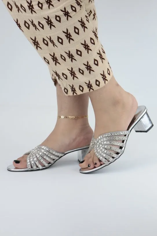 Stacy Silver Stone Rhinestone Embellishment Block Heel