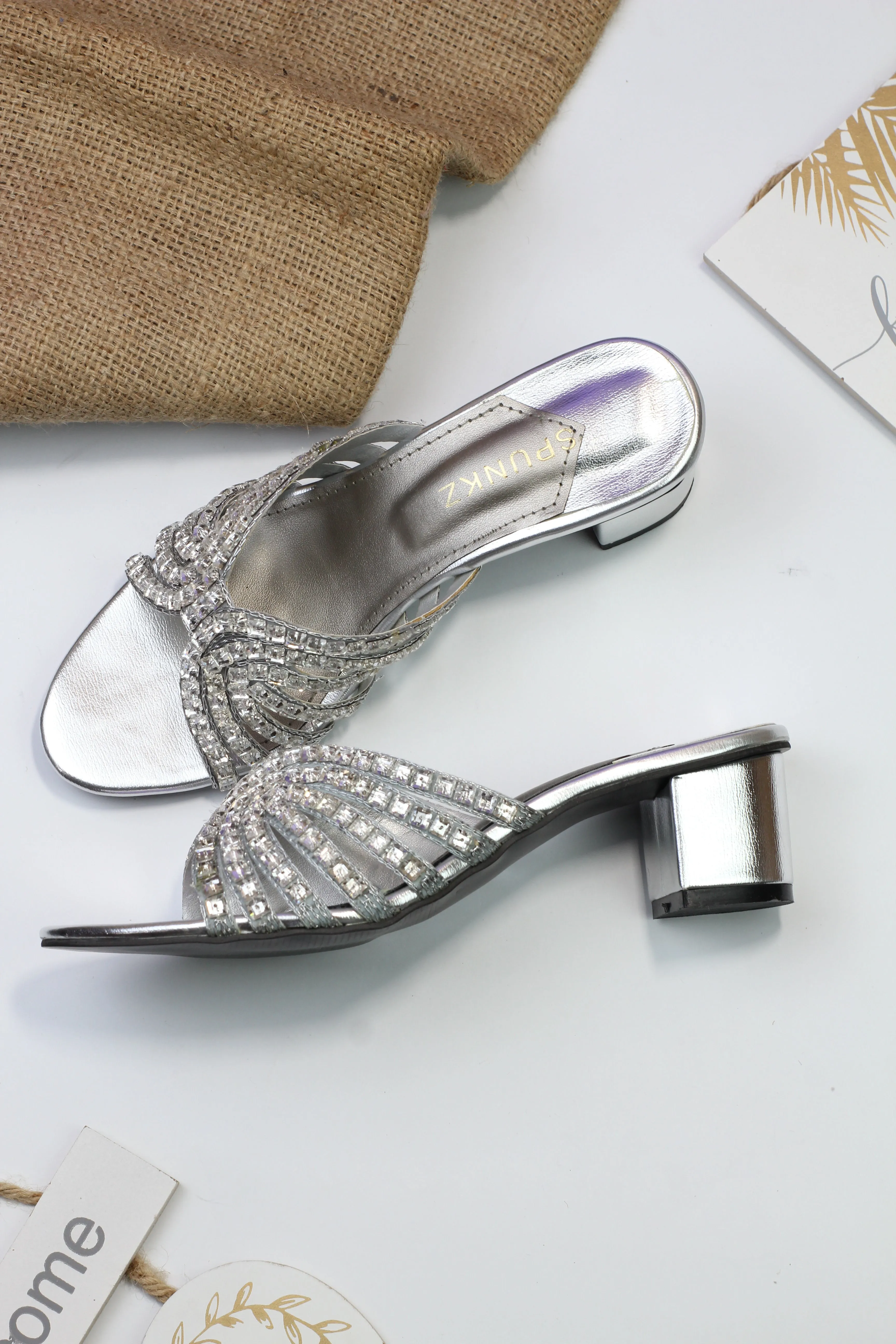 Stacy Silver Stone Rhinestone Embellishment Block Heel