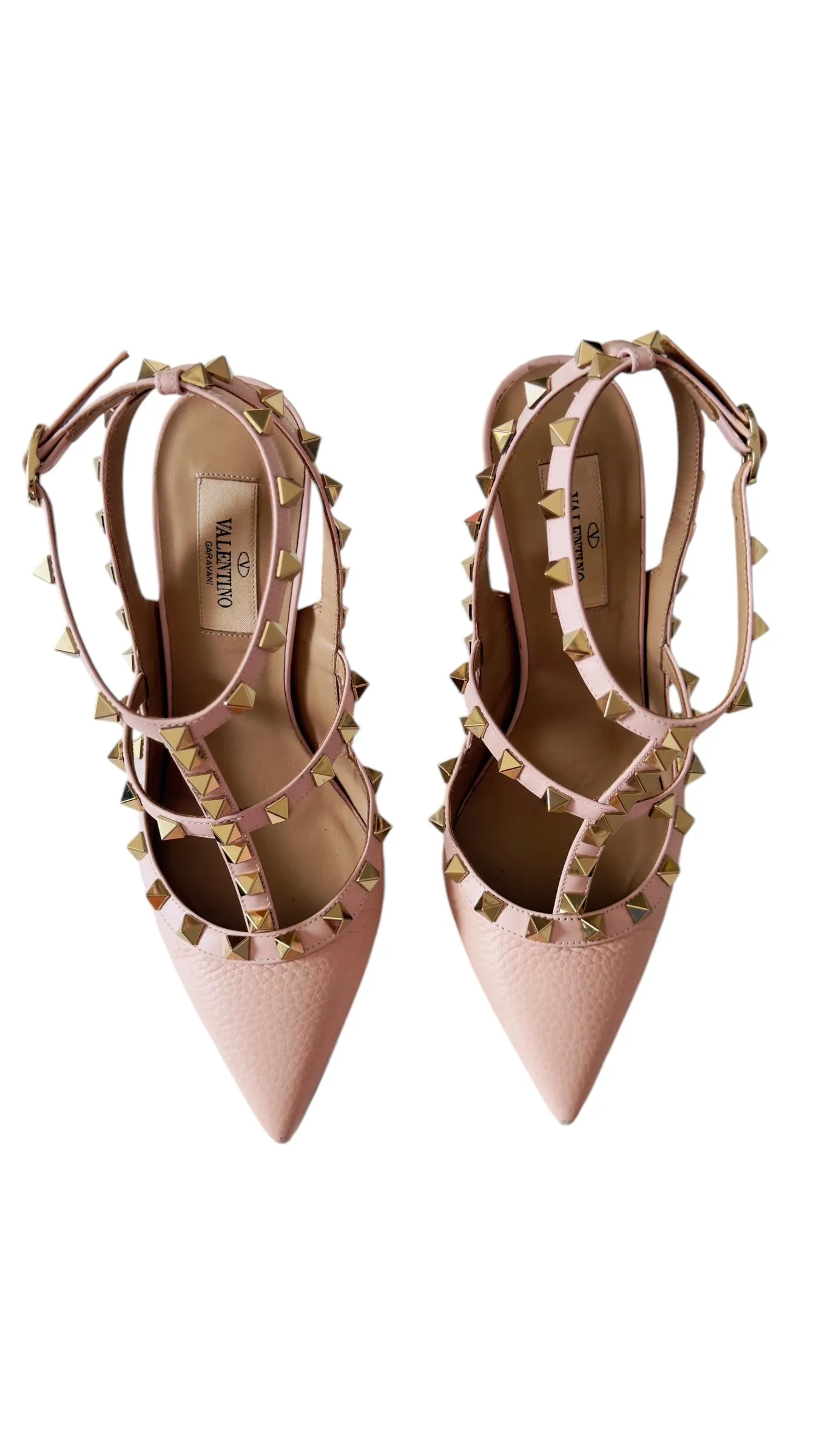 Valentino Garavani Rockstud Pink Grainy Leather Anke T- Strap Pumps 100mm