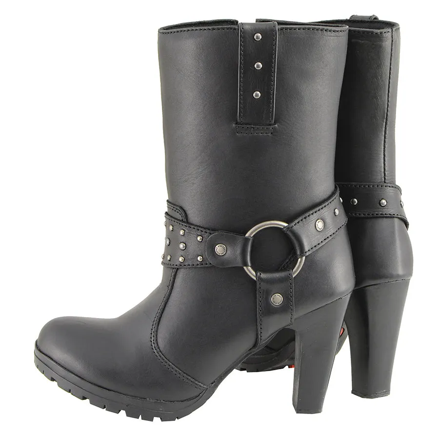 Women’s Black Leather Harness Boot with Block Heel