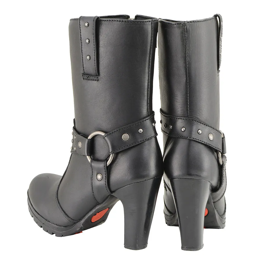 Women’s Black Leather Harness Boot with Block Heel