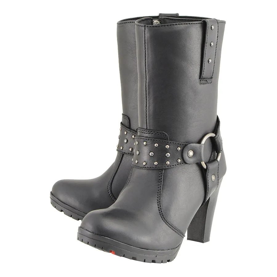 Women’s Black Leather Harness Boot with Block Heel