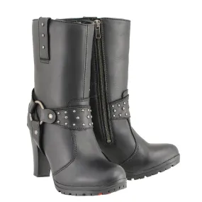 Women’s Black Leather Harness Boot with Block Heel