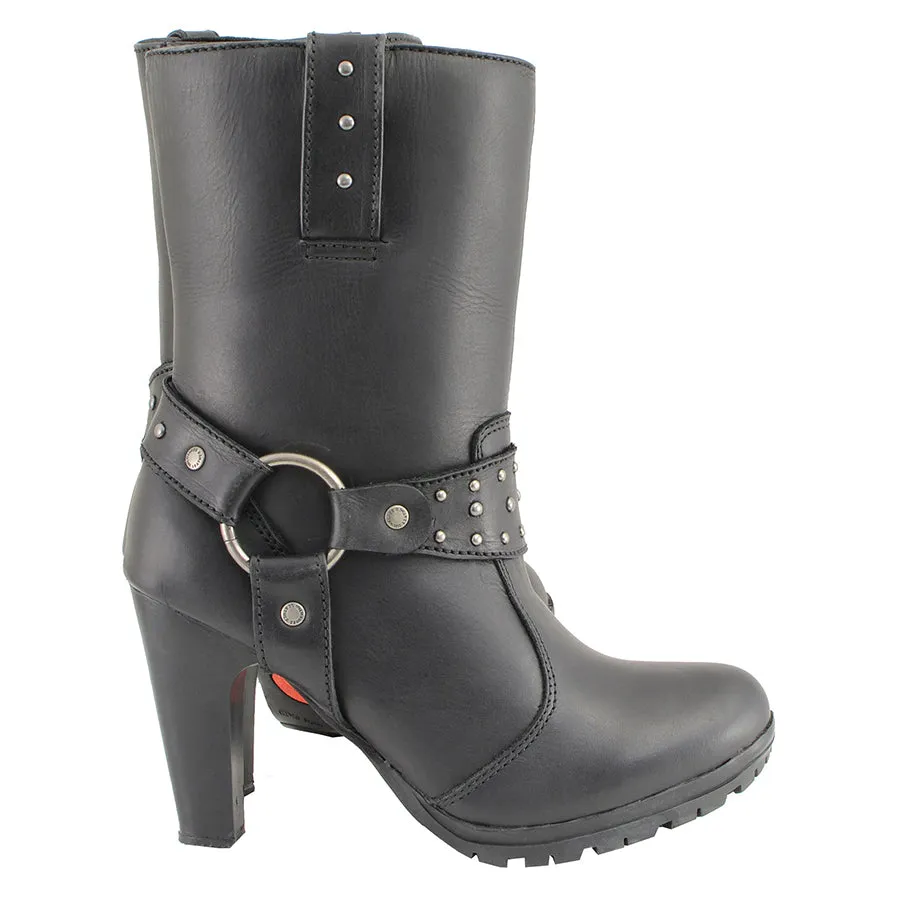 Women’s Black Leather Harness Boot with Block Heel